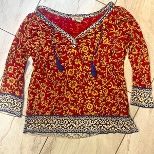 Lucky Brand Blouse. EUC. 3/4 sleeves, rich colors, tassels. Size medium.